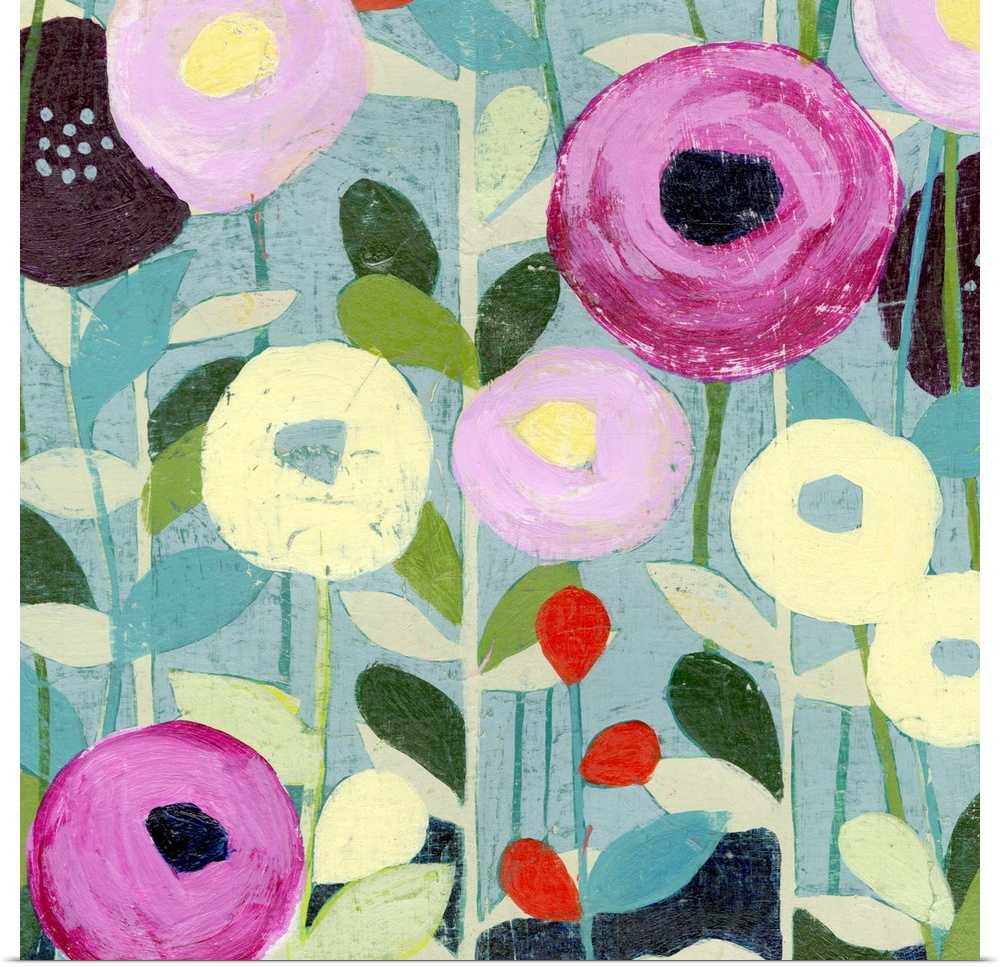 Decorative painting of round poppy flowers in springtime pinks and yellows.