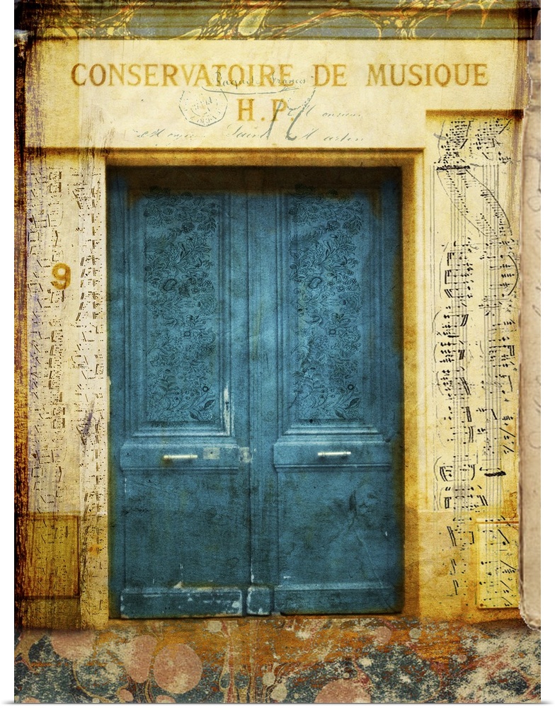 Travel collage of a doorway, decorated with french text and sheet of music.
