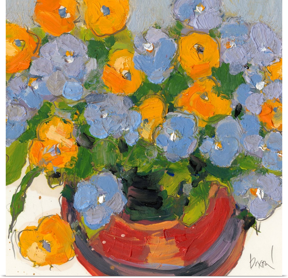 Contemporary artwork of a pot full of blue and yellow flowers.