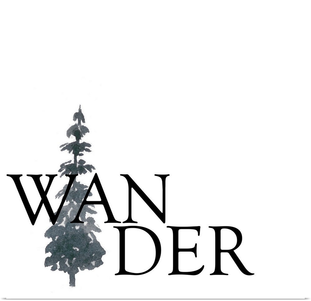 'Wander' minimalist typography with a watercolor pine tree on a white square background.