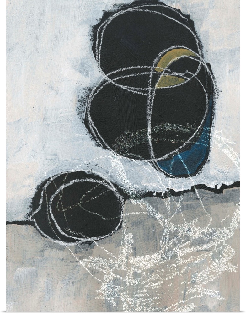 Abstract artwork featuring vertical and horizontal white brush strokes revealing black circular shapes with chalk gestural...