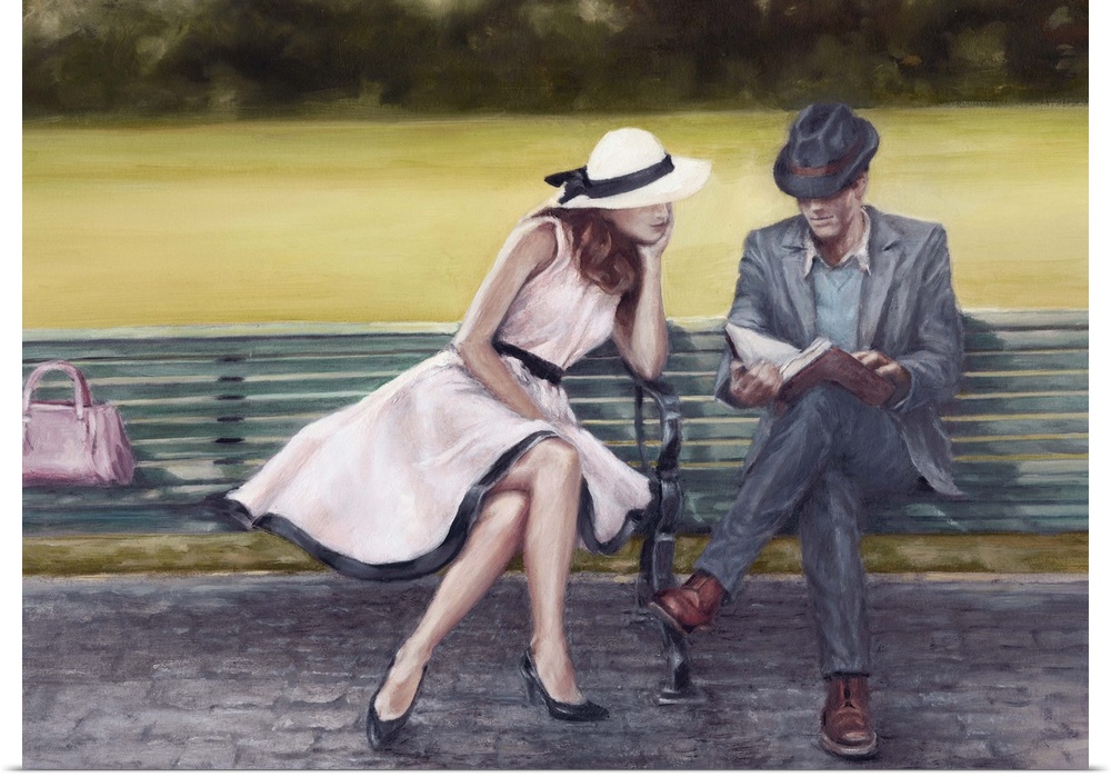 Contemporary painting of a well-dressed couple on a park bench.