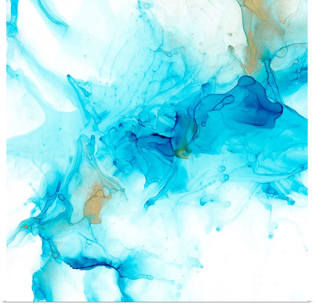 An organic, flowing abstract in shades of blue with gold accents. The image has a light, ethereal quality reminiscent of i...