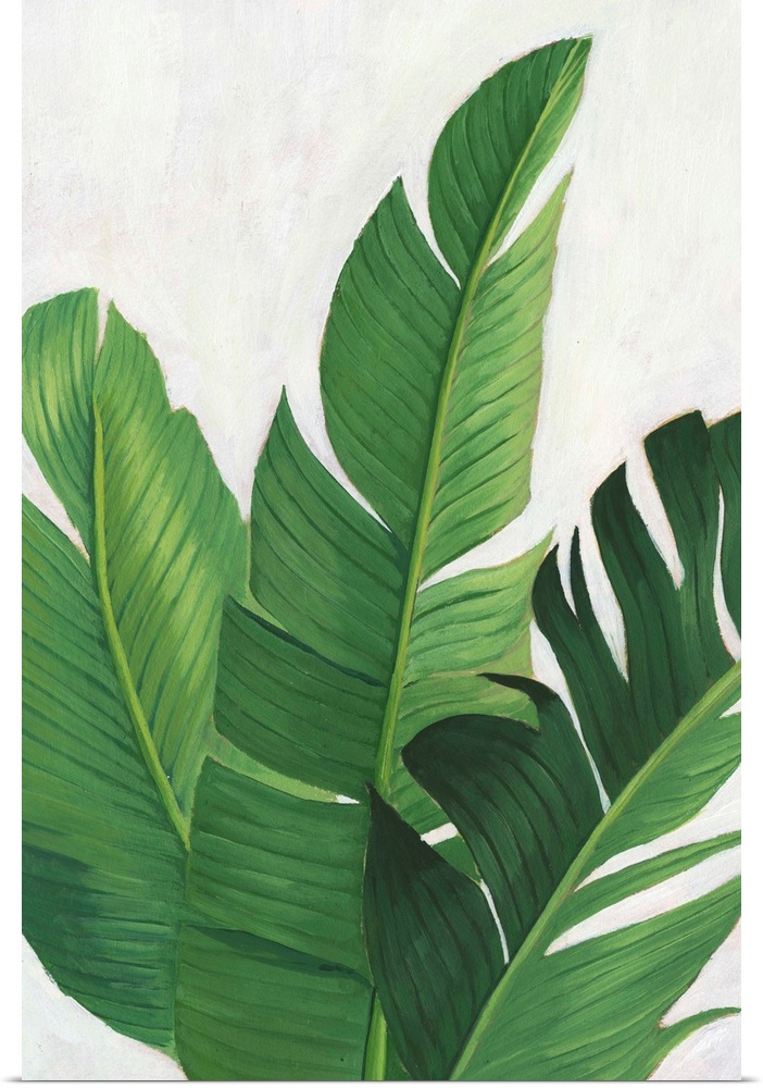 Artwork featuring luscious leaves against a mottled background with gray and off-white brush strokes.