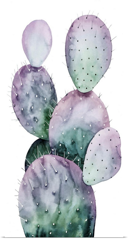 Watercolor painting of a purple and green toned cactus on a white panel background.
