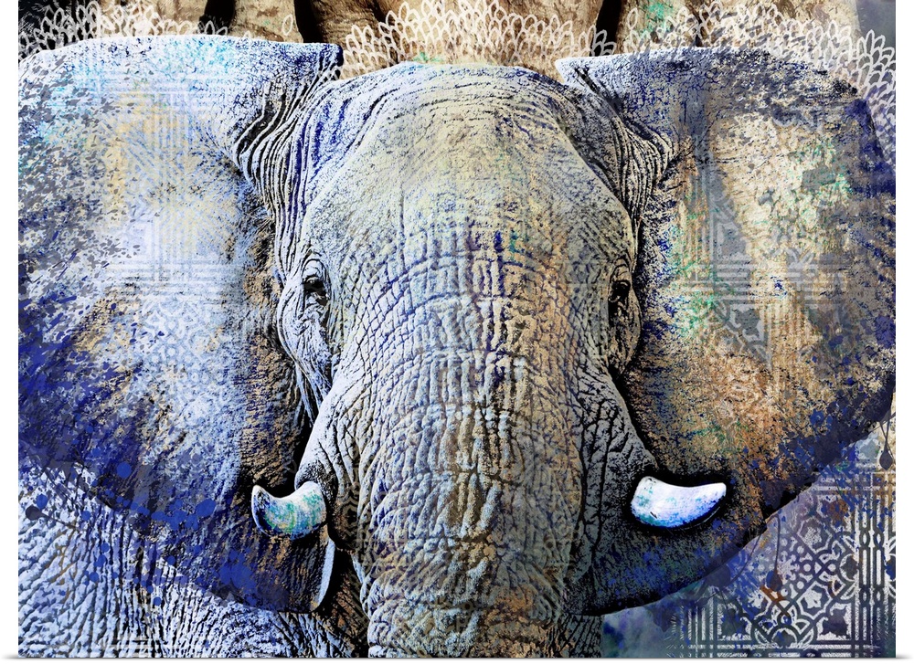 This digital artwork features overlapping images of an elephant, global tile pattern and paint splatters in blue and green.