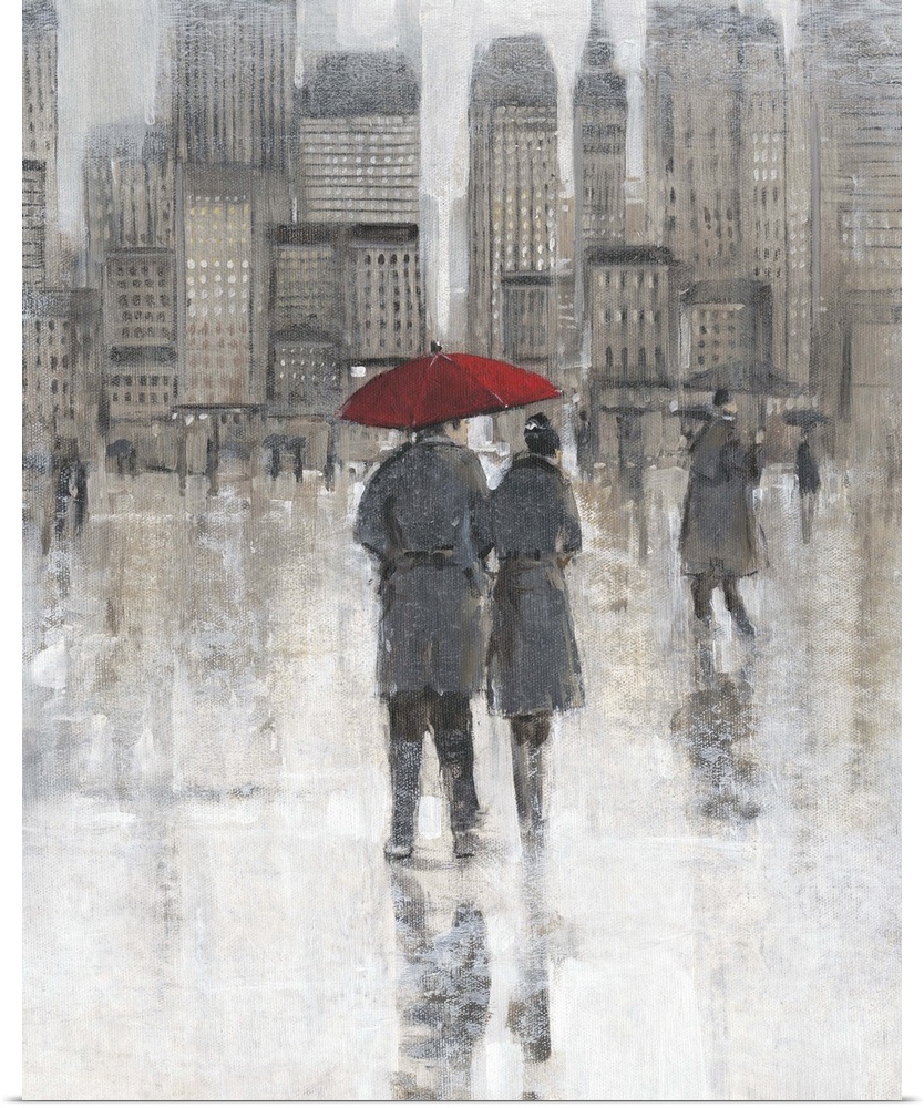 Contemporary artwork of a couple in the city sharing a red umbrella.