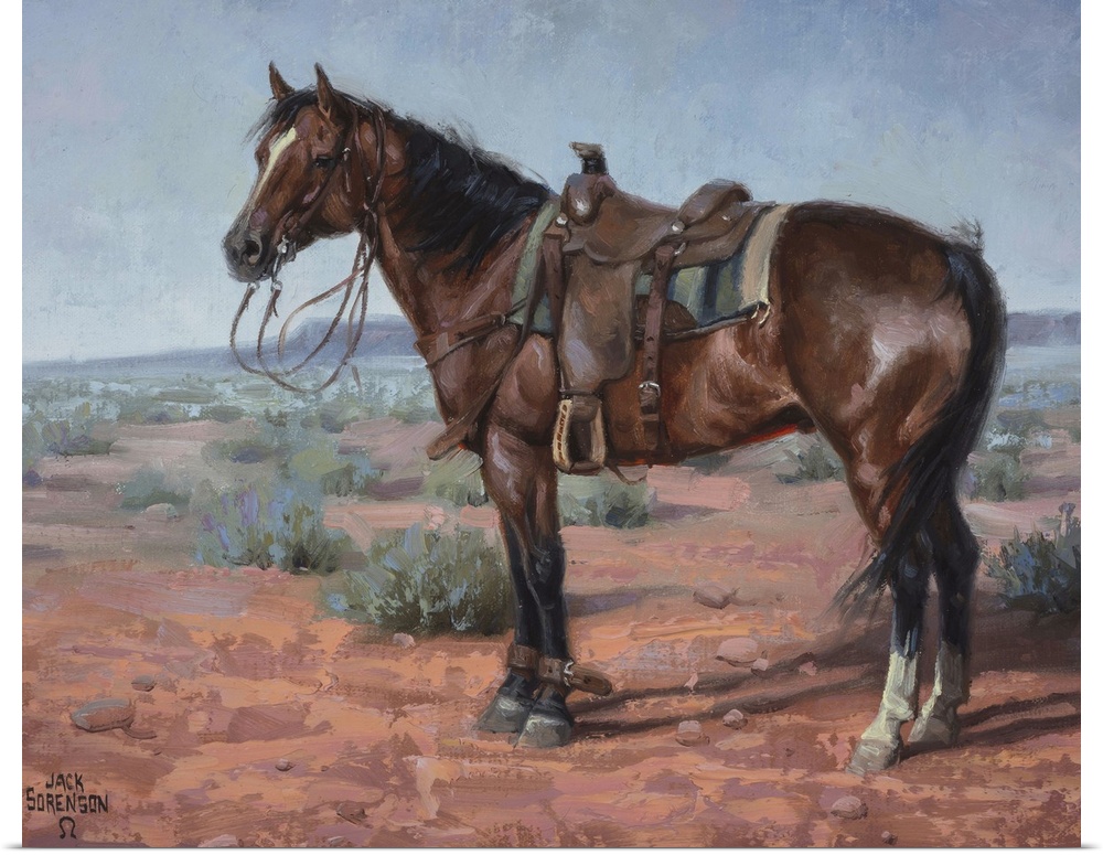 Contemporary painting of a horse with a bridle and saddle standing in a desert landscape.