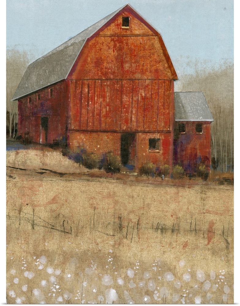 Countryside artwork of rustic red barn on a straw colored field.