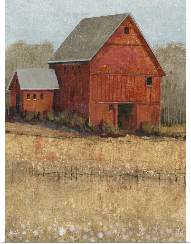 Countryside artwork of rustic red house on a straw colored field.