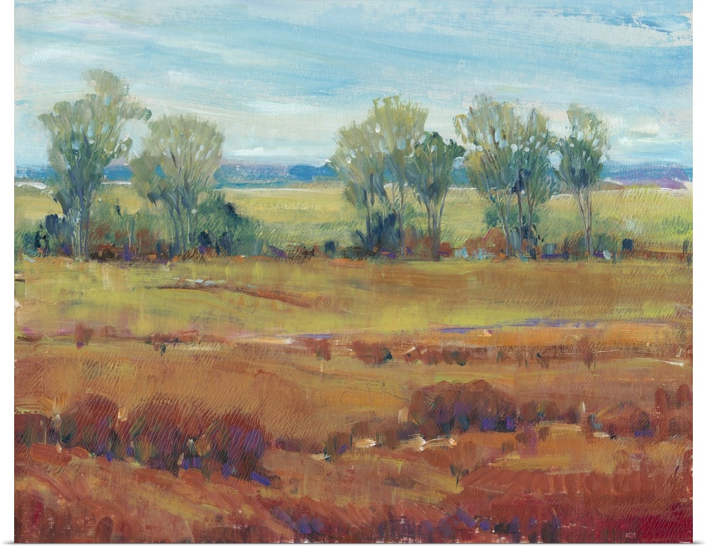 Contemporary painting of a landscape featuring a field of red clay in the foreground with a line of trees in the background.