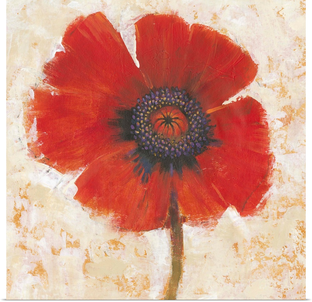 Creative painting of a bright red poppy on a mottled gold and beige backdrop.