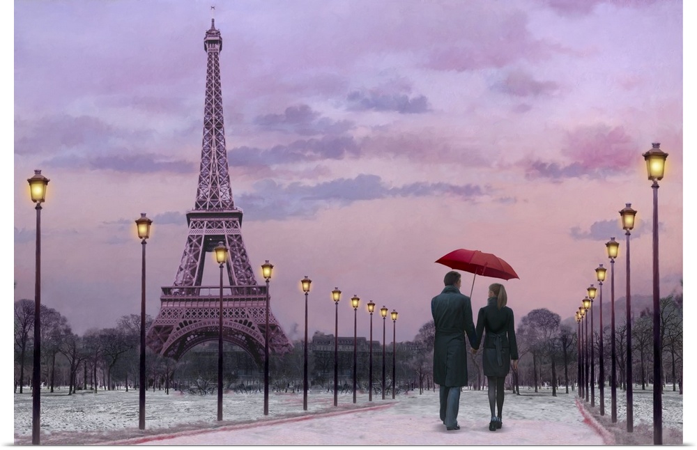 Image of a couple walking along a path lined be street post with the Eiffel Tower in the background under a pink sunset.
