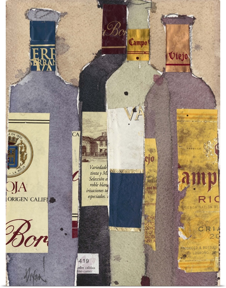 Contemporary home decor artwork of a group of wine bottles made from collage style clippings of paper and paint.