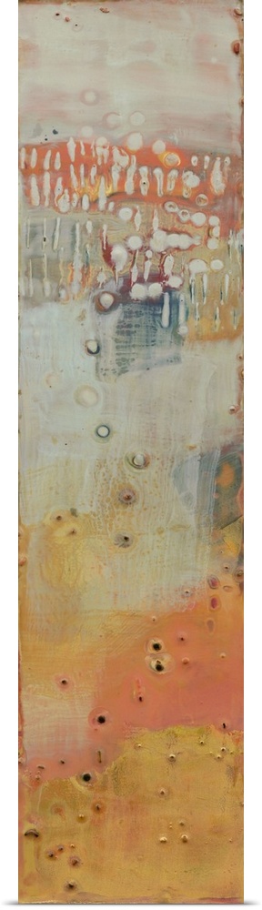 This painted contemporary artwork resembles rusting metal that has stood the test of time in vibrant oranges, beige and wh...