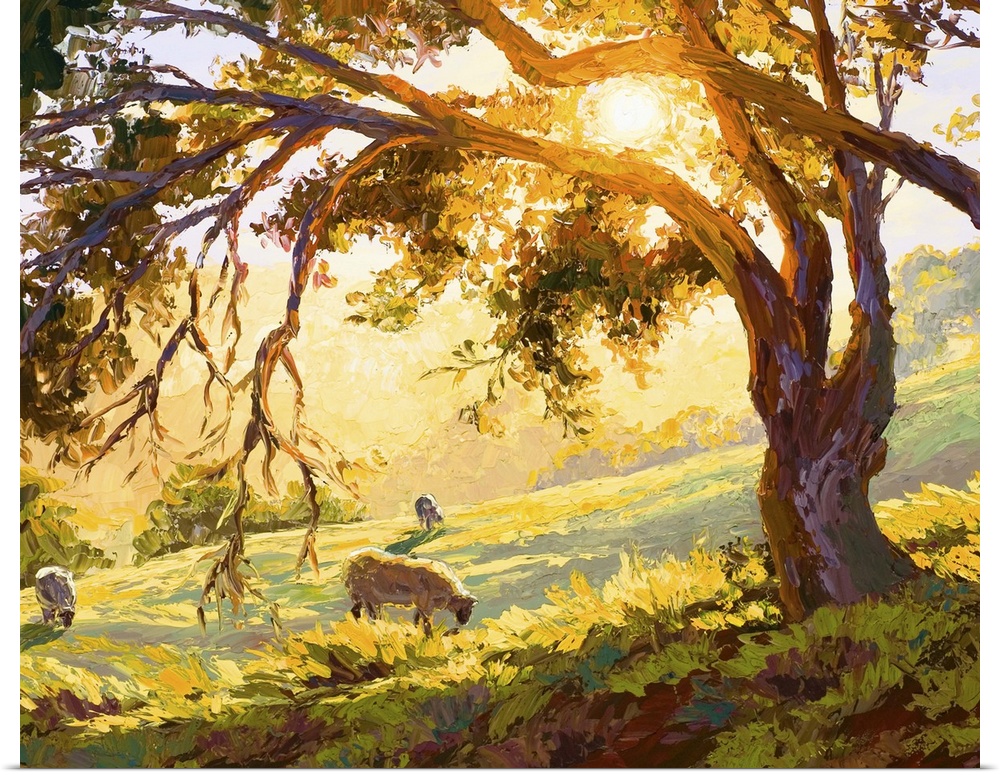 Contemporary artwork of a countryside field in the light of early morning while animals graze.