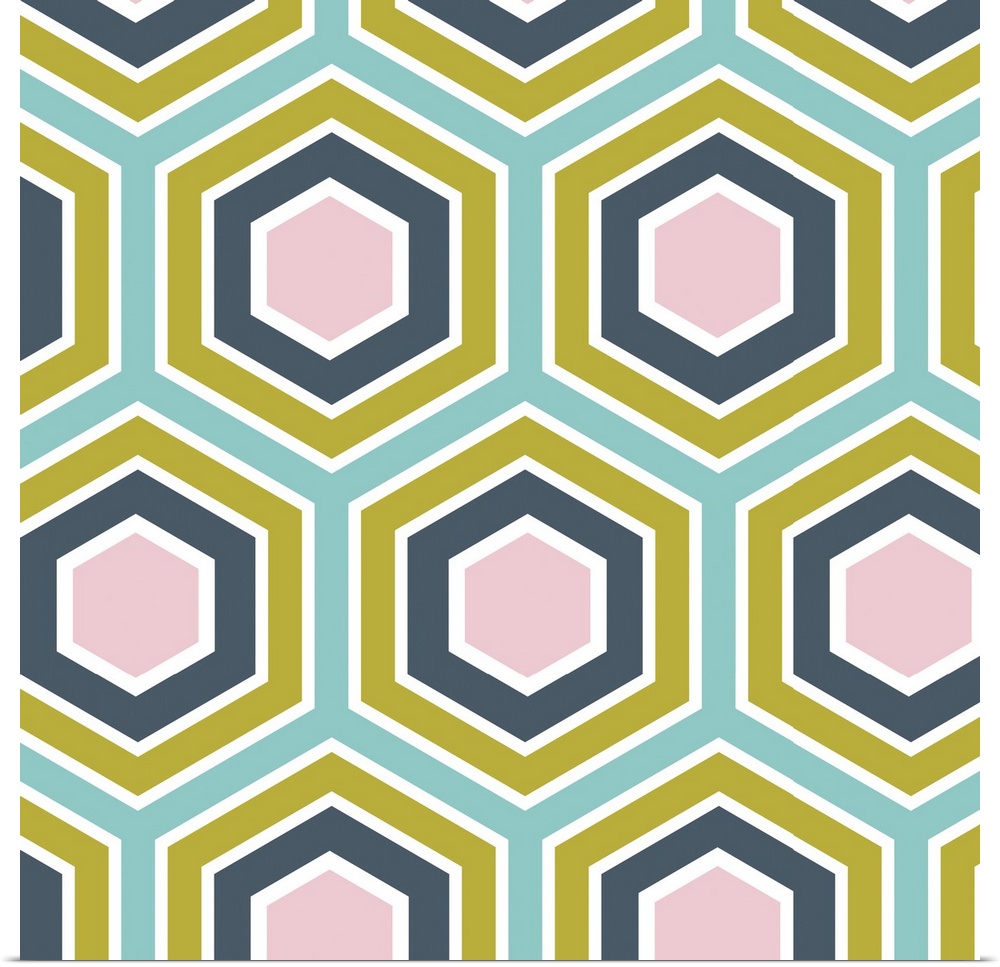 Geometric artwork of hexagons in bright, summer tones.
