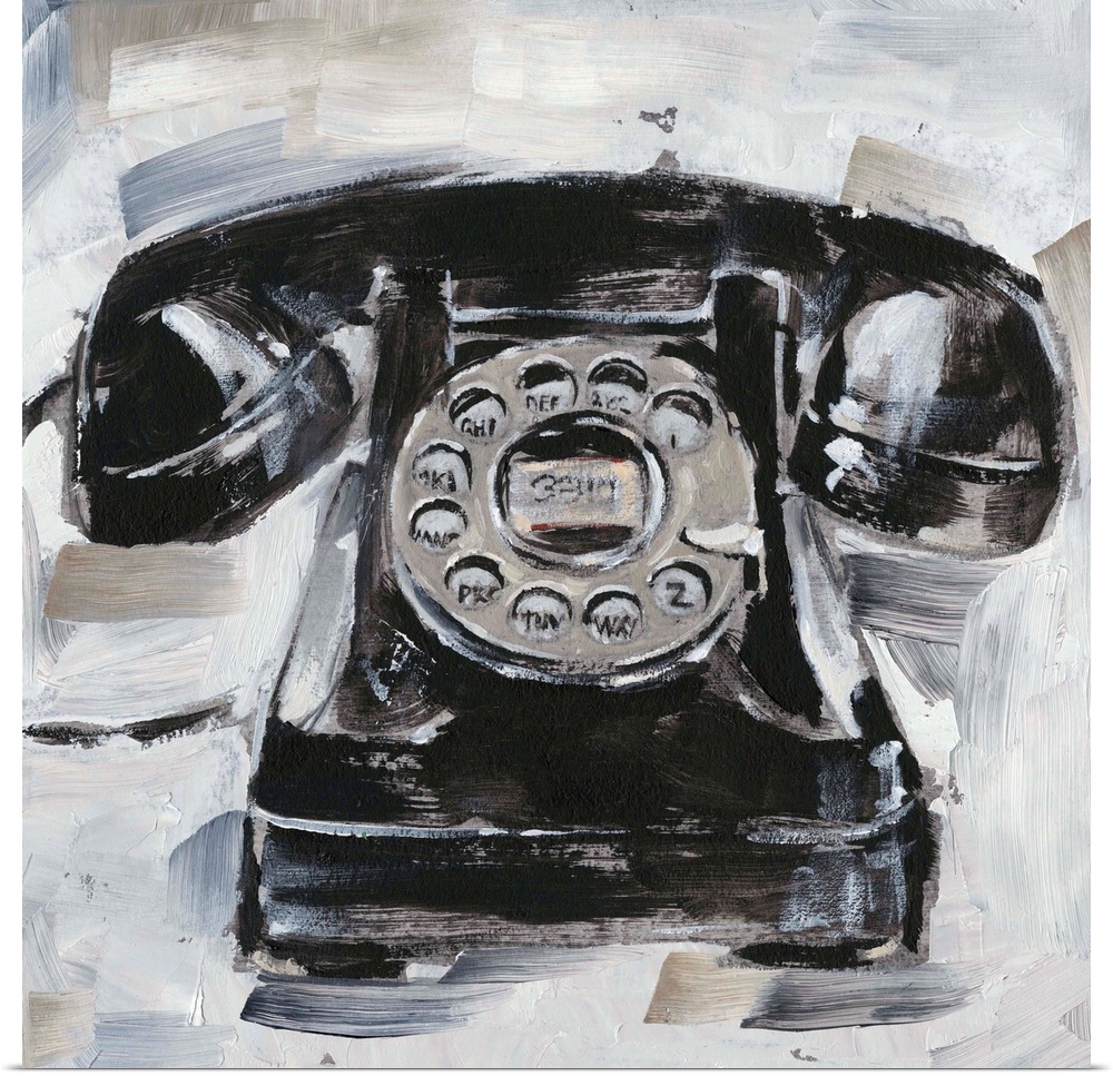 Fun contemporary painting of a retro rotary phone on a neutral background.