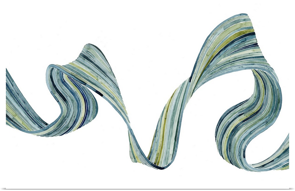 Abstract ribbon artwork created with shades of green and blue on a white background.