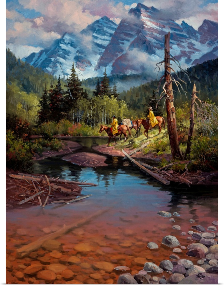 Contemporary Western artwork of cowboys on horseback in the shadow of the Rocky Mountains near a stream.