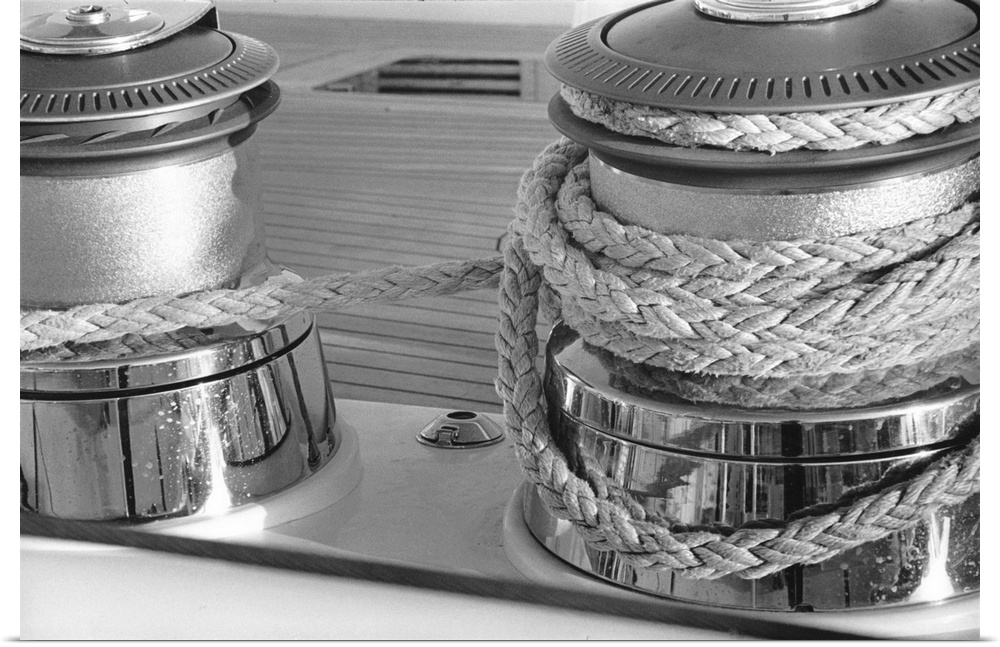 Black and white photograph of a details on a sailboat.