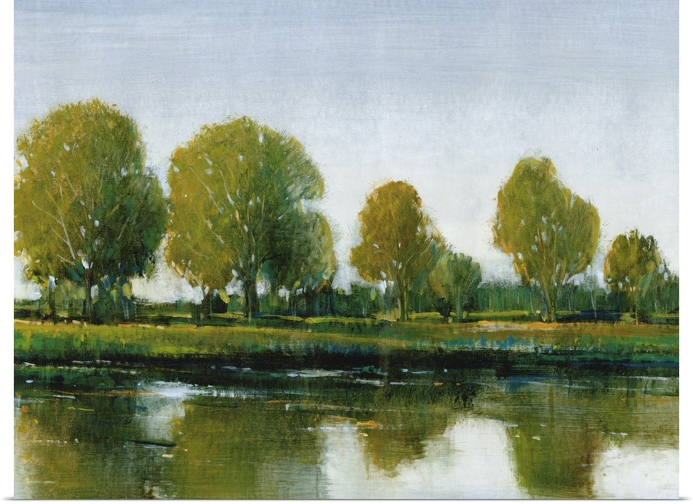 Contemporary painting of an idyllic countryside scene of trees reflected in still water.