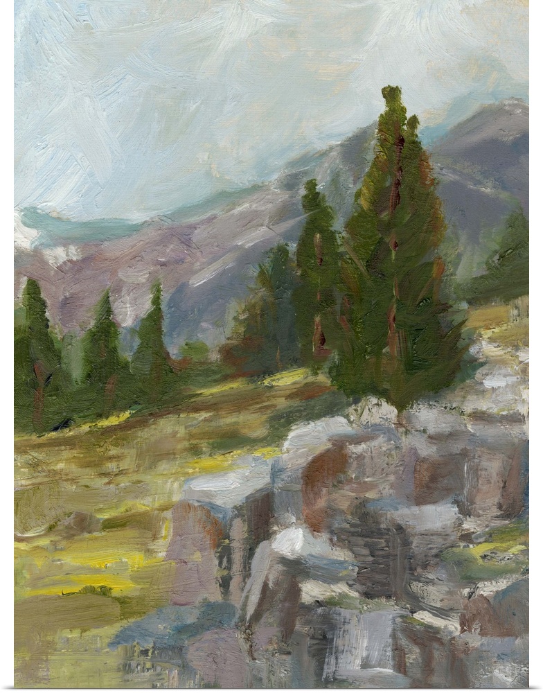 Contemporary painting of a rocky mountainous scene.