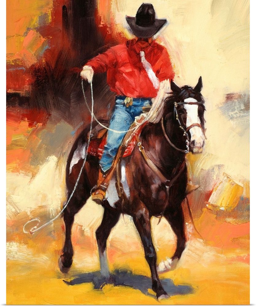 This vertical contemporary painting shows a mustached cowboy riding on a horse performing tricks with his lasso.