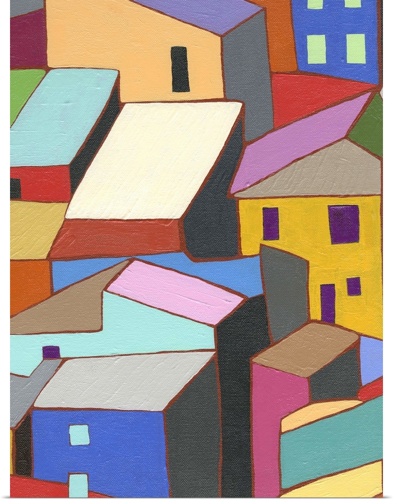 Painting of colorful buildings and rooftops.