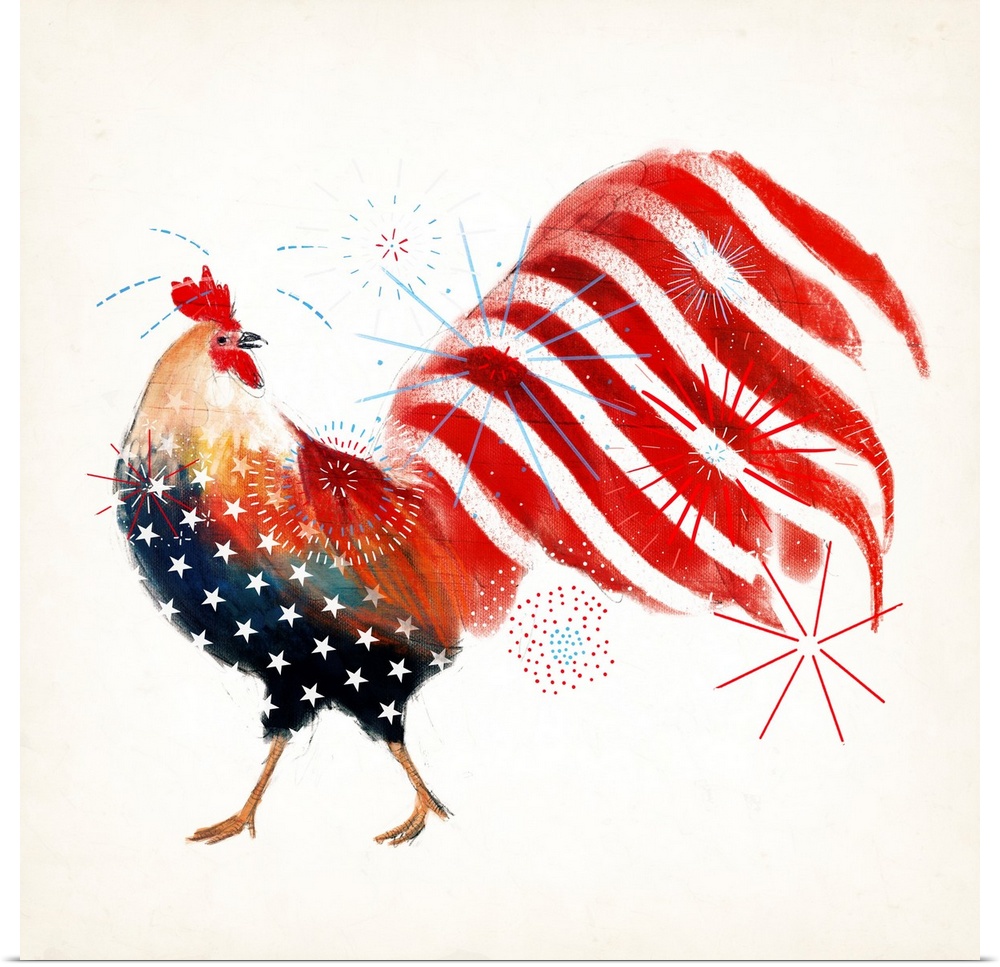 An artistic image of a rooster with an American flag design and firework shapes overlapping.