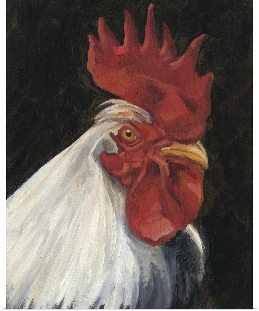 Contemporary painting of a white rooster on a dark background.