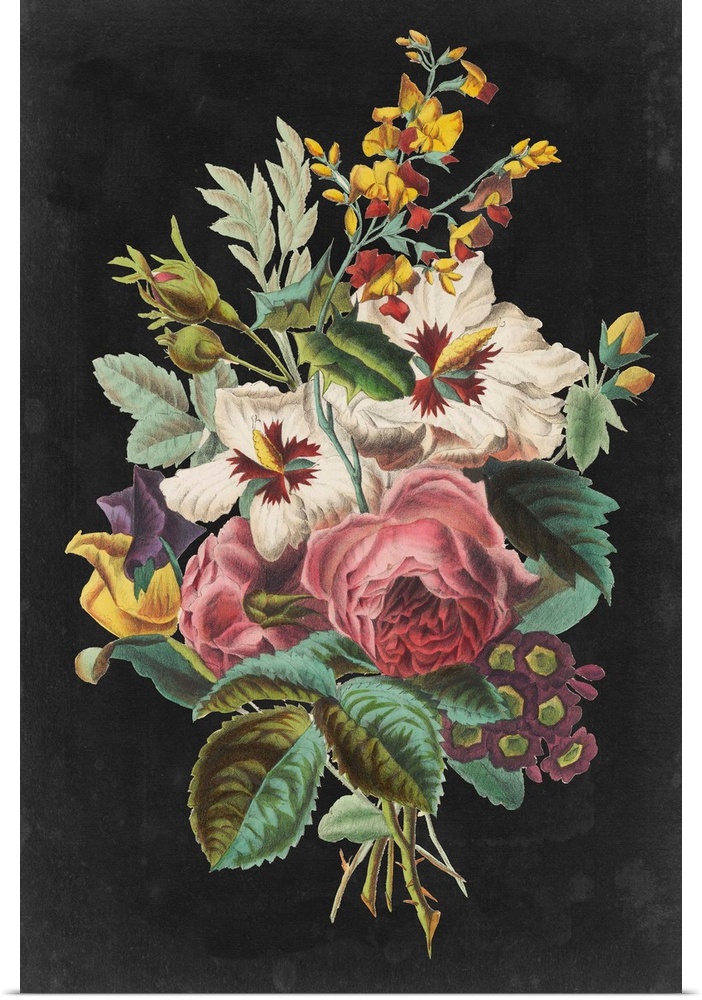 Vintage stylized floral bouquet in an illustrative style, against a black background.