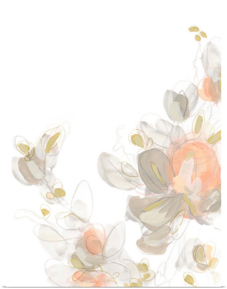 This decorative artwork features soft delicate flowers with transparent painted petals in coral and tan colors over gestur...