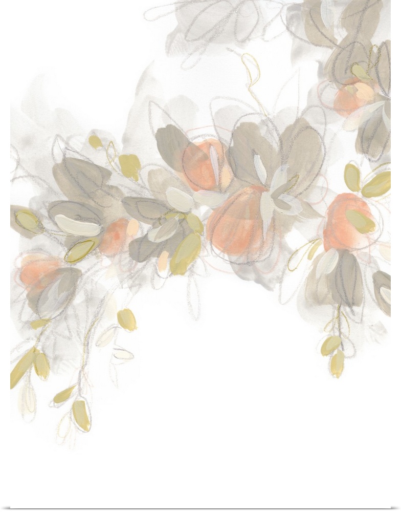 A vertical abstract of gestural lines and muted pinks accentuates a cluster of flowers.