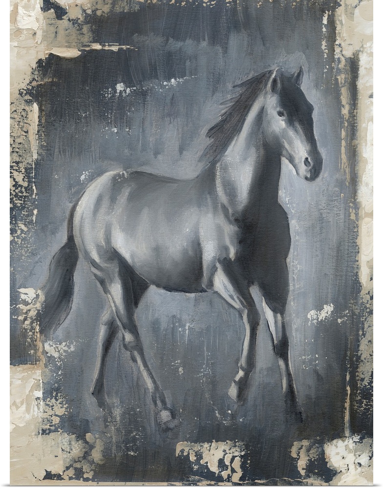 Artwork of a grey stallion against a similar colored background with a tan distressed border around it.