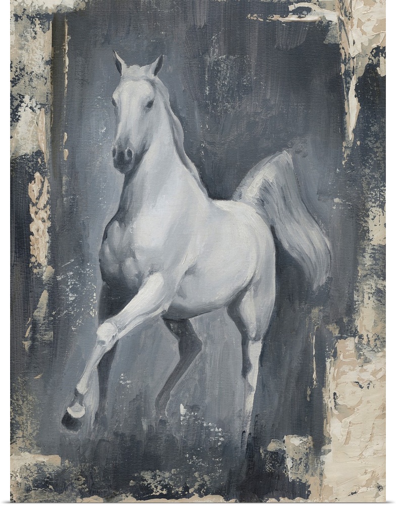 Decorative artwork of a white horse that has a distressed, antique style border around it.