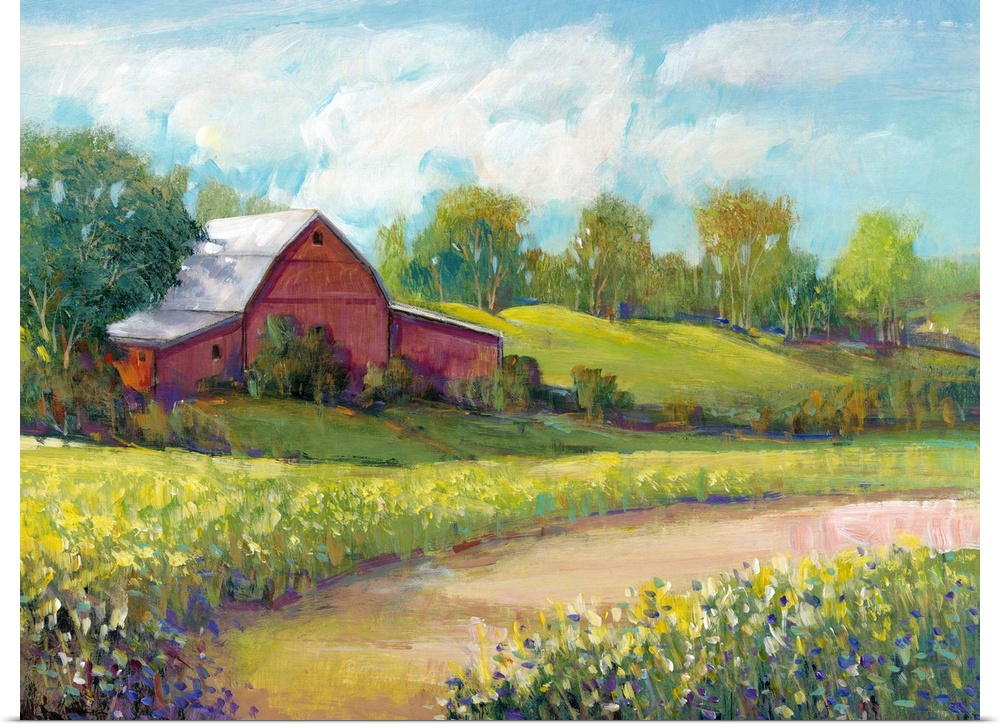 Colorful rural landscape featuring a red barn surrounded by lush, green vegetation.