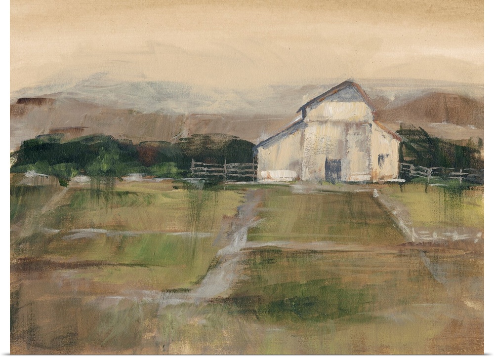 Contemporary artwork of farmland and a white barn in low afternoon light.