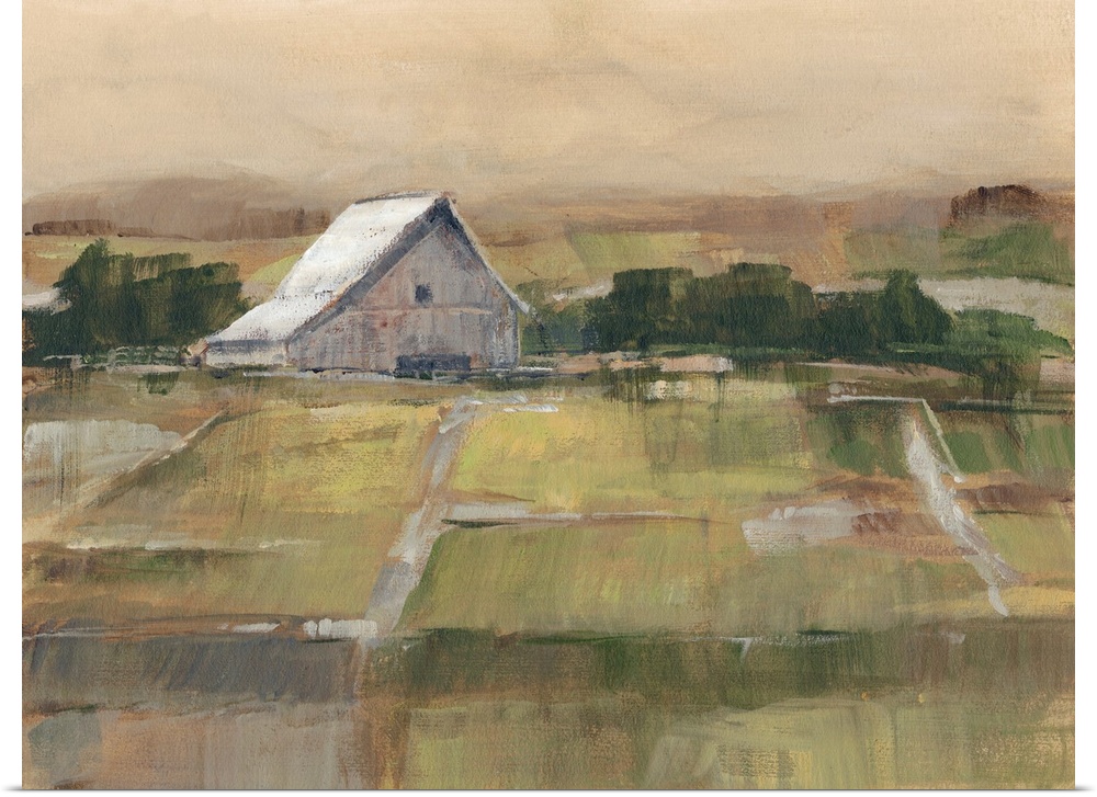 Contemporary artwork of farmland and a white barn in low afternoon light.