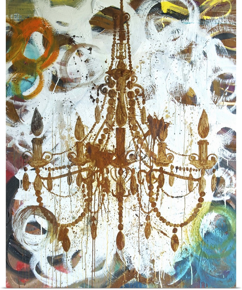 Contemporary artwork of the form of an elegant chandelier stenciled onto a colorful abstract.