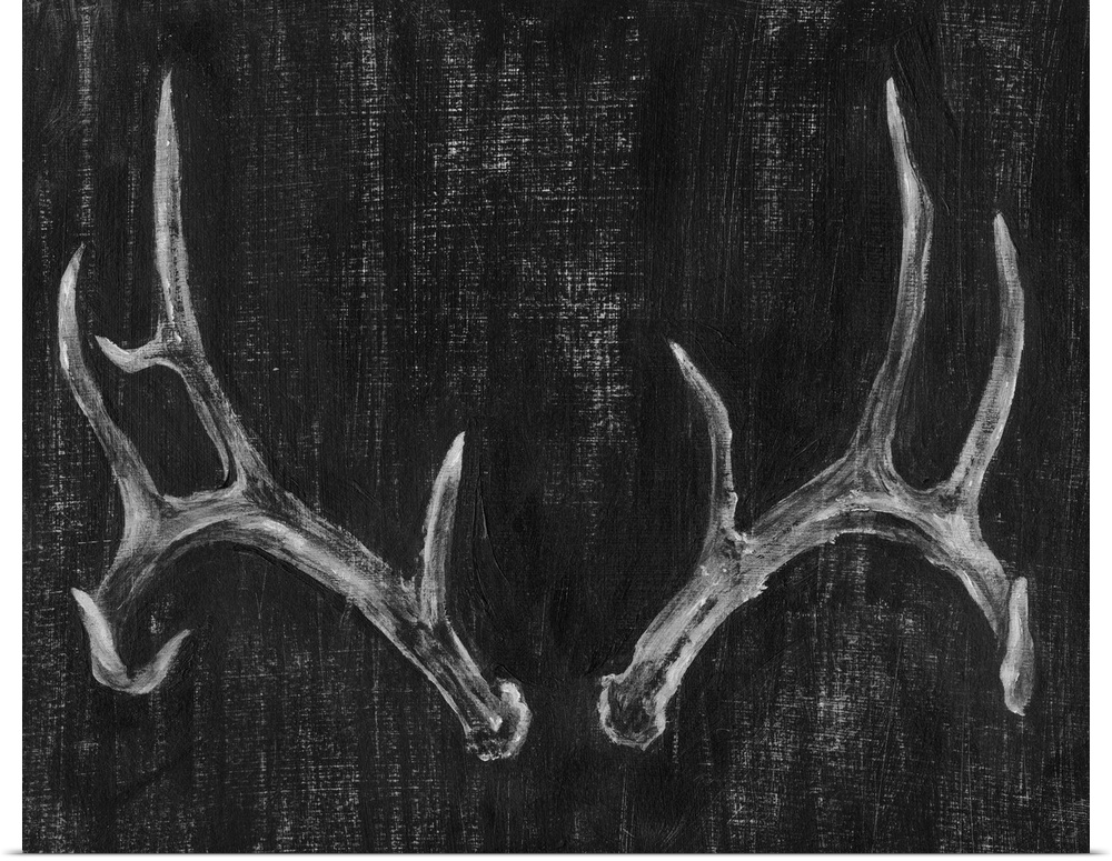 Contemporary artwork of a set of large pronged antlers.