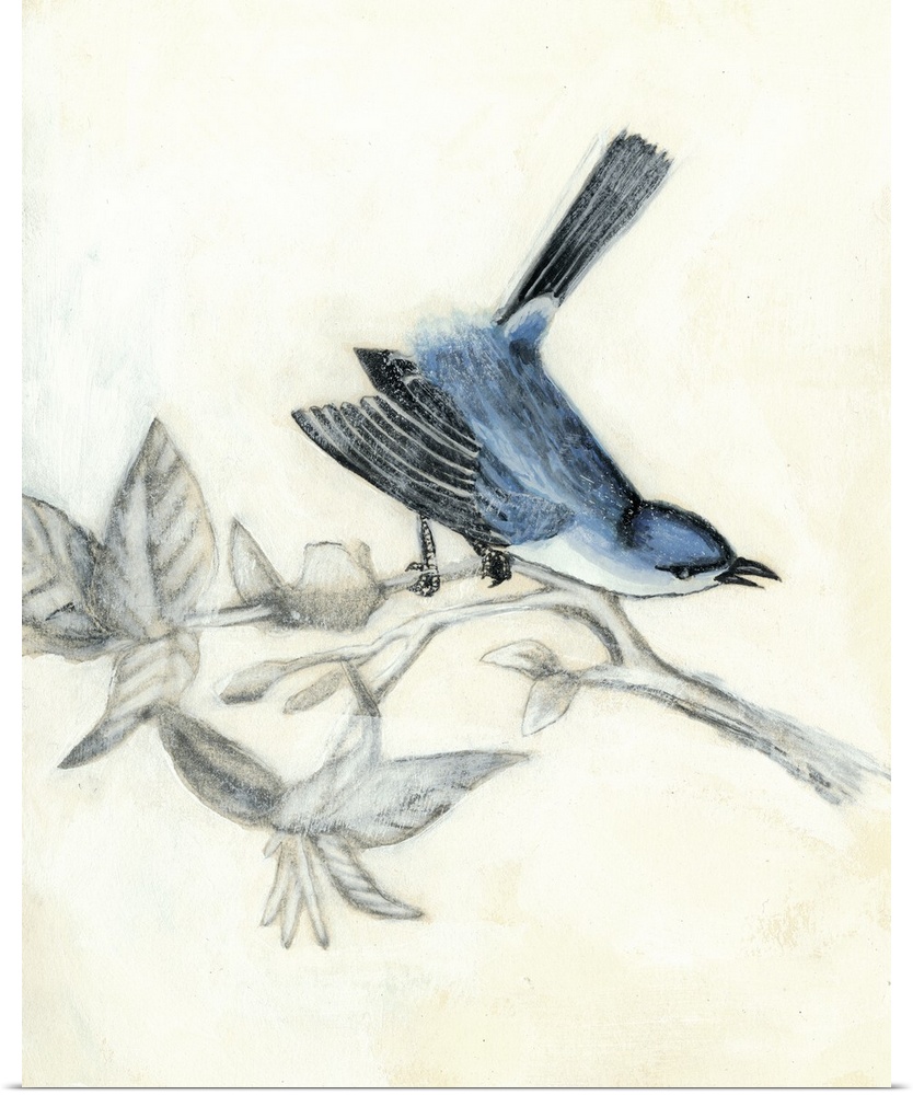 Vintage illustration of a bird on a branch.