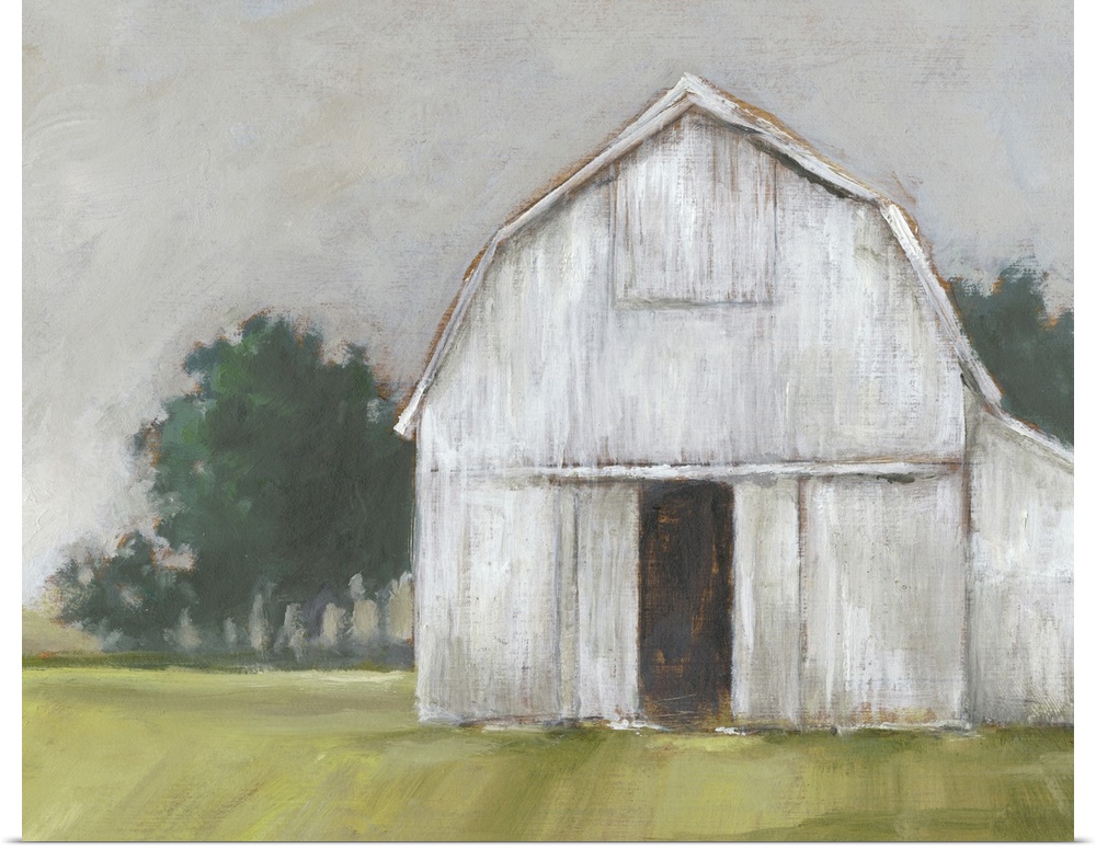 This rustic artwork features spirited brush strokes to create a worn white barn placed over a grassy field.