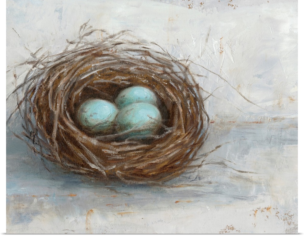 Blue eggs resting in a nest against a distressed light background fills this rustic artwork.