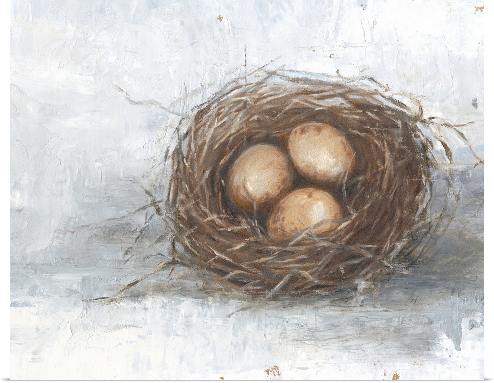 Orange eggs resting in a nest against a distressed light background fills this rustic artwork.