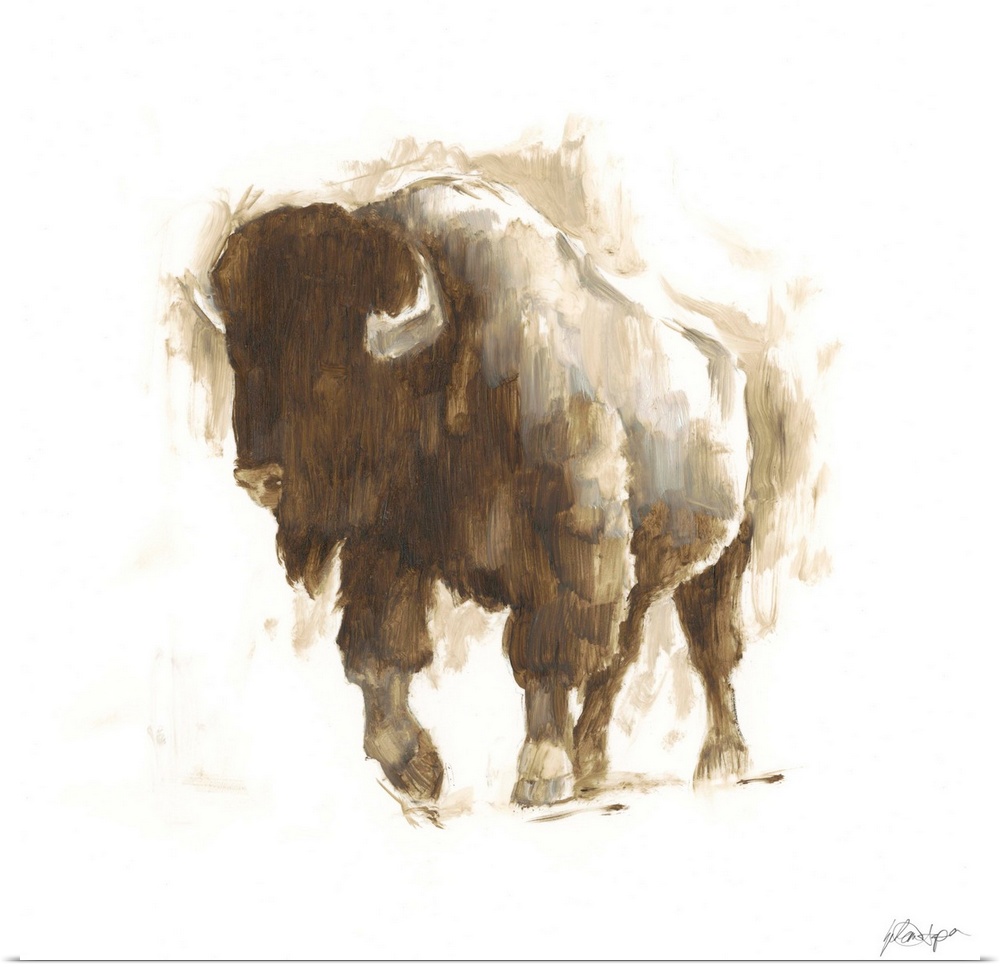 Contemporary portrait of a buffalo in various brown hues.