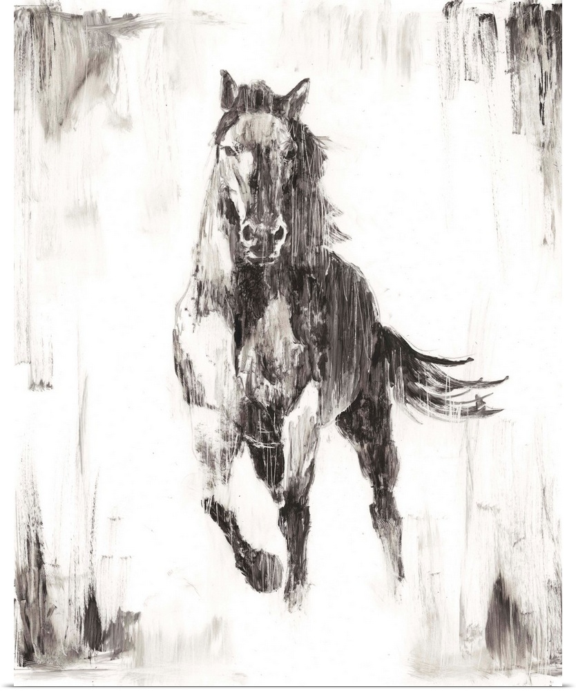 Vertical painting of a running horse done if varies shades of gray and white with a rough brush stroke feel.