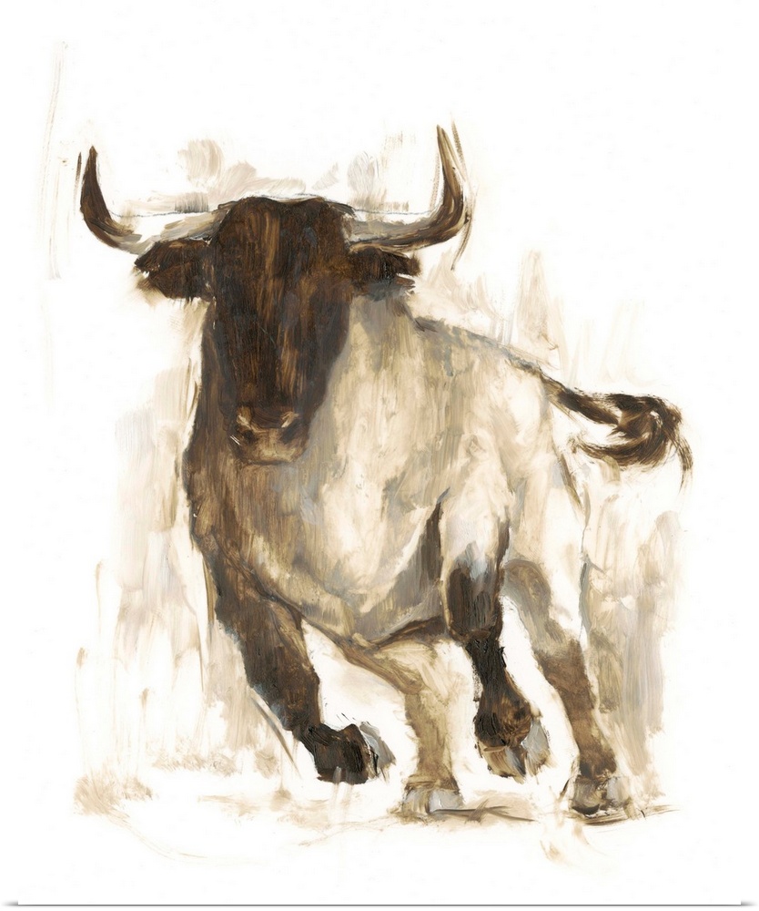 Contemporary portrait of bull in various brown hues.