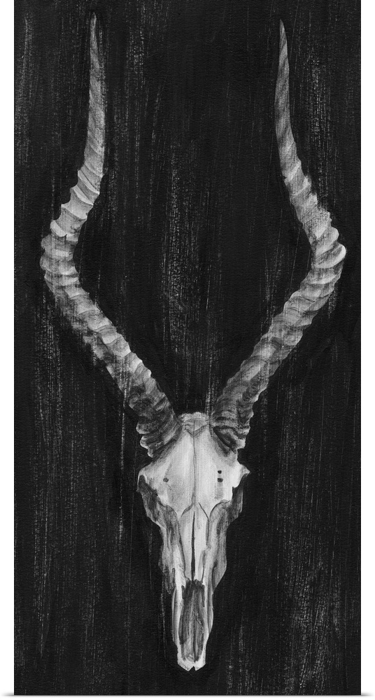 Contemporary artwork of an antelope skull with large horns.
