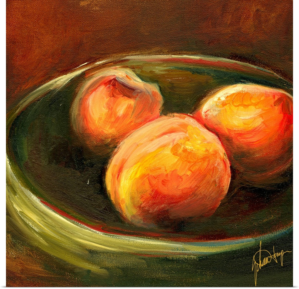 Big, square painting of three ripe peaches in a shallow bowl, on a dark background.  Painted with rough brushstrokes and n...